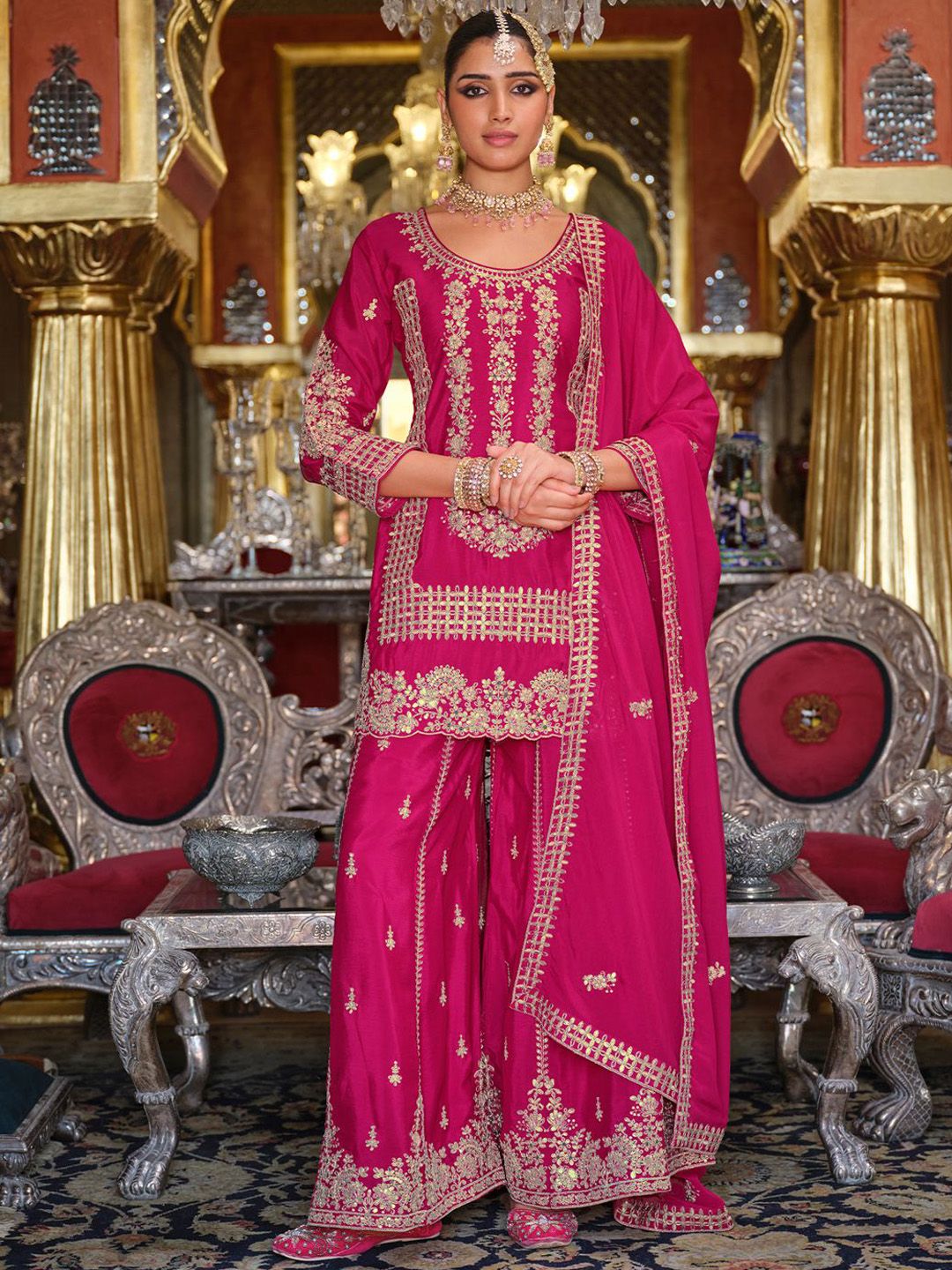 Adults-Women Woven Design Embroidered Kurta with Palazzos & Dupatta