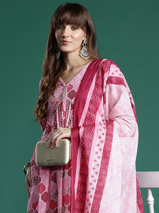 Dhiyona IE Ethnic Motifs Printed Empire Mirror Work Pure Cotton Kurta Set