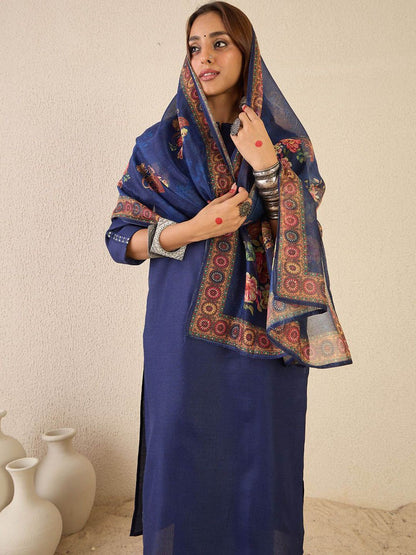 Notch Neck Straight Kurta With Trousers & Dupatta