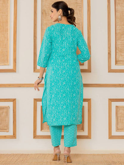 Dhiyona VA Women's Floral Printed Regular Thread Work Kurta with Trousers & With Dupatta