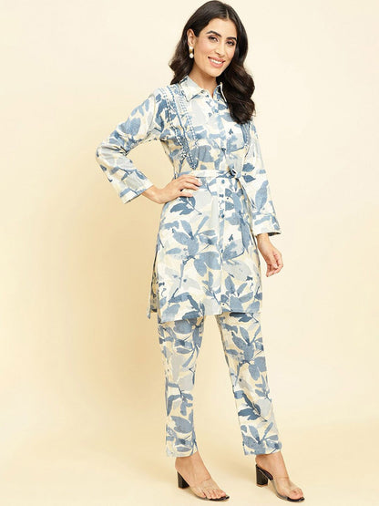 Dhiyona VA Women'sFloral Printed Shirt Collar Kurta With Trousers