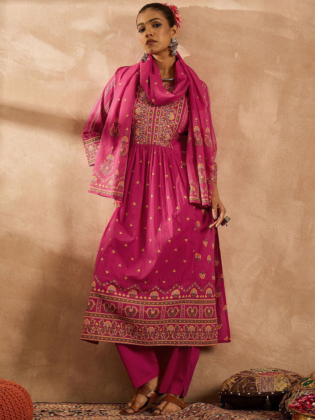 Dhiyona IE Women Floral Printed Panelled Mirror Work Pure Cotton Kurta with Trousers & With Dupatta