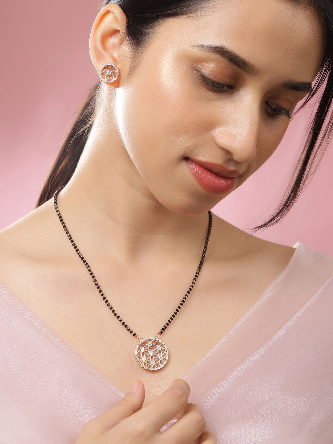 Dhiyona RJ Women's 18K Gold-Plated Cubic Zirconia Studded Floral Pendant Black Beaded Mangalsutra Set