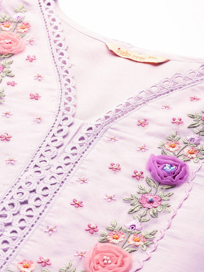 Dhiyona IE Plus Size Floral Embroidered Beads & Stones Kurta with Trousers & With Dupatta