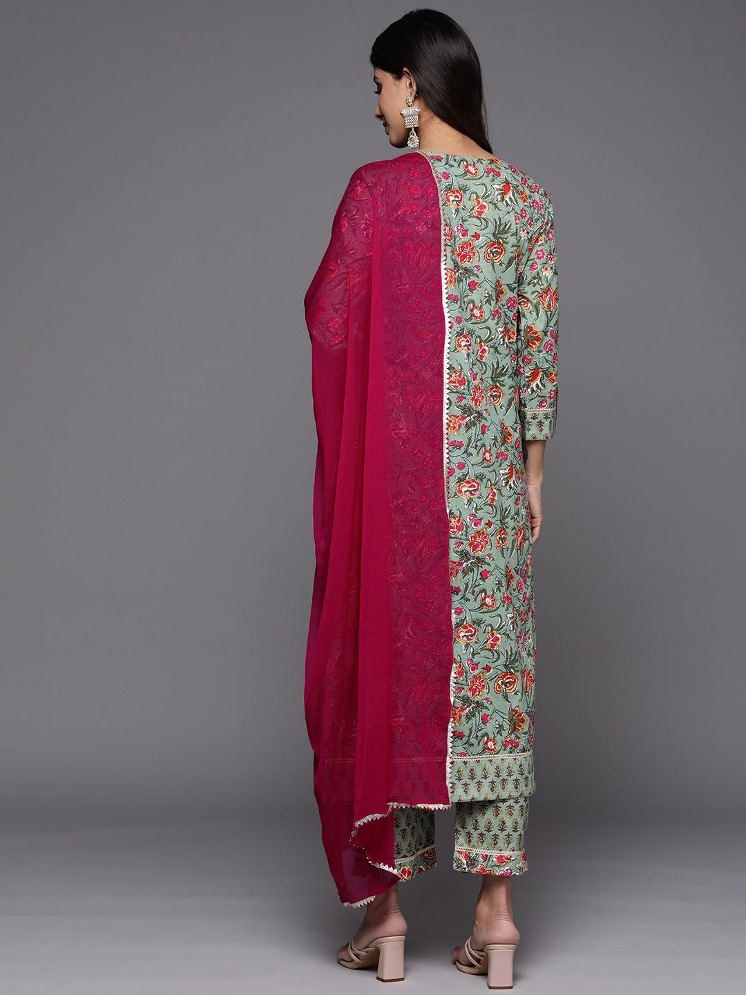 Dhiyona VA Women'sGreen & Pink Floral Print Pure Cotton Kurta with Trousers & With Dupatta