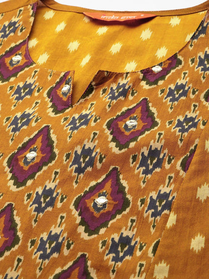 Dhiyona IE Women Printed Pleated Mirror Work Pure Cotton Kurta with Trousers
