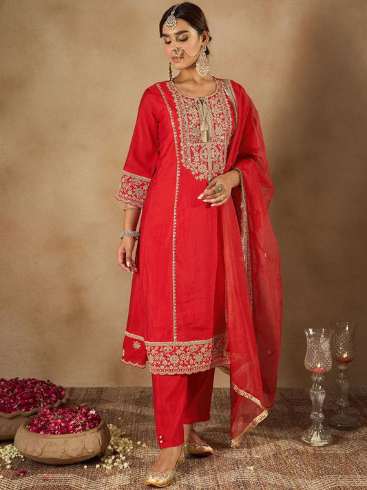 Women Ethnic Motifs Embroidered Panelled Kurta with Trousers & With Dupatta