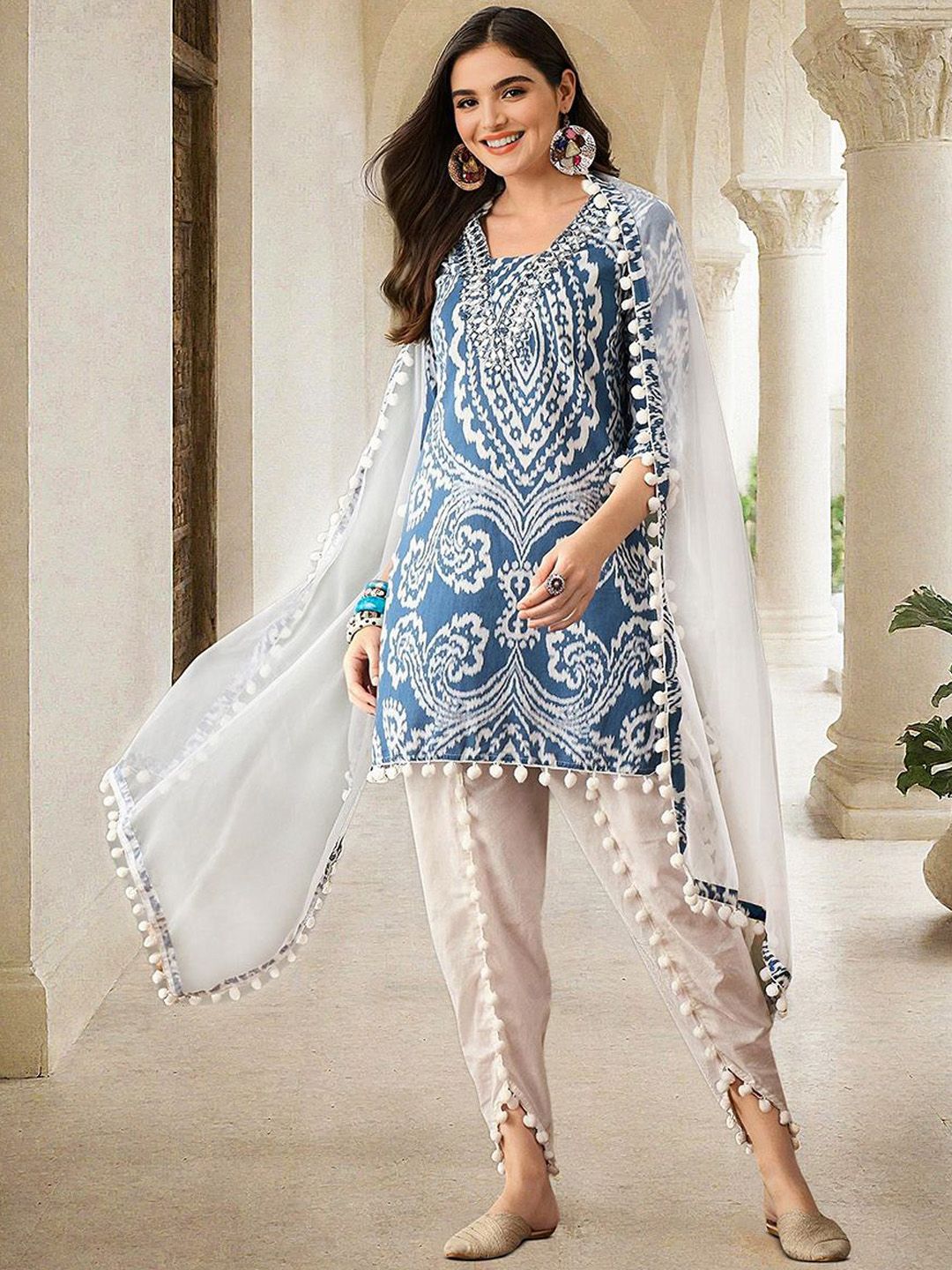 Dhiyona IS Women's Ethnic Motifs Printed Mirror Work Straight Kurta with Dhoti Pants & Dupatta