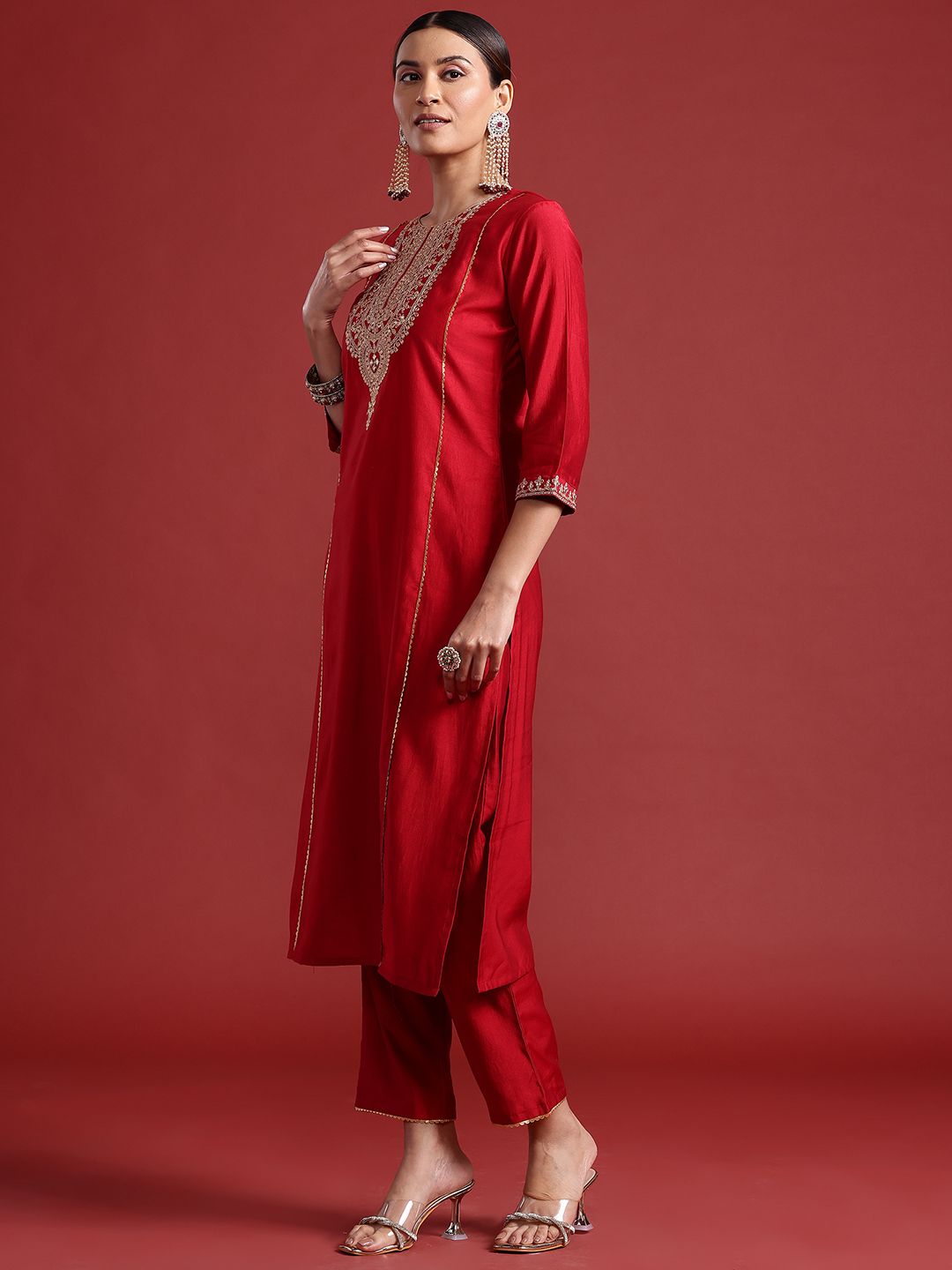 Ethnic Motifs Yoke Design Zari Panelled Liva Kurta With Trousers & Dupatta