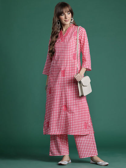 Dhiyona IE Checked Thread Work Pure Cotton Kurta with Trousers