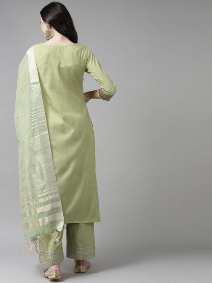 Dhiyona IE Women Green Yoke Design Regular Kurta with Palazzos & Dupatta