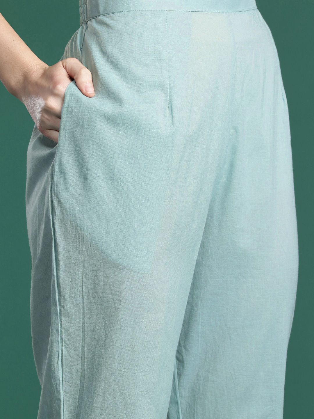 Floral Printed Beads and Stones Linen Kurta with Trousers & With Dupatta