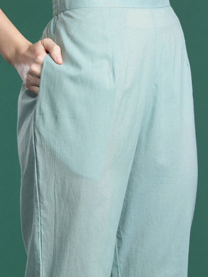 Floral Printed Beads and Stones Linen Kurta with Trousers & With Dupatta