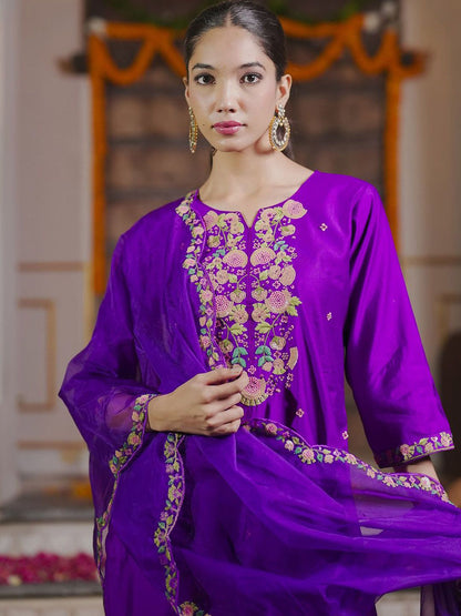 Dhiyona IE Floral Embroidered Sequinned Liva Kurta With Trousers & Dupatta