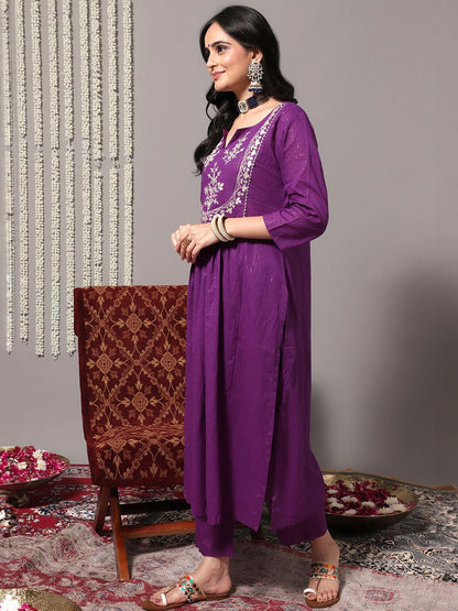Dhiyona VA Women'sFloral Yoke Design Gotta Patti Pure Cotton Kurta & Trousers With Dupatta