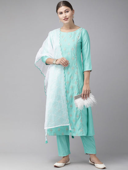 Women Sea Green Embroidered Liva Kurta with Trousers & Dupatta