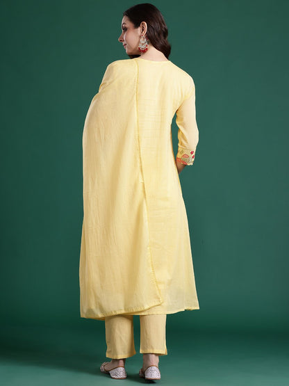 Floral Embroidered Pure Cotton Kurta with Trousers & Dupatta