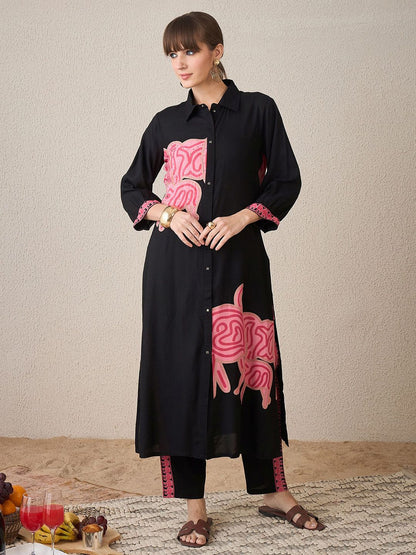 Dhiyona IE Printed Shirt Collar Straight Tunic With Trouser