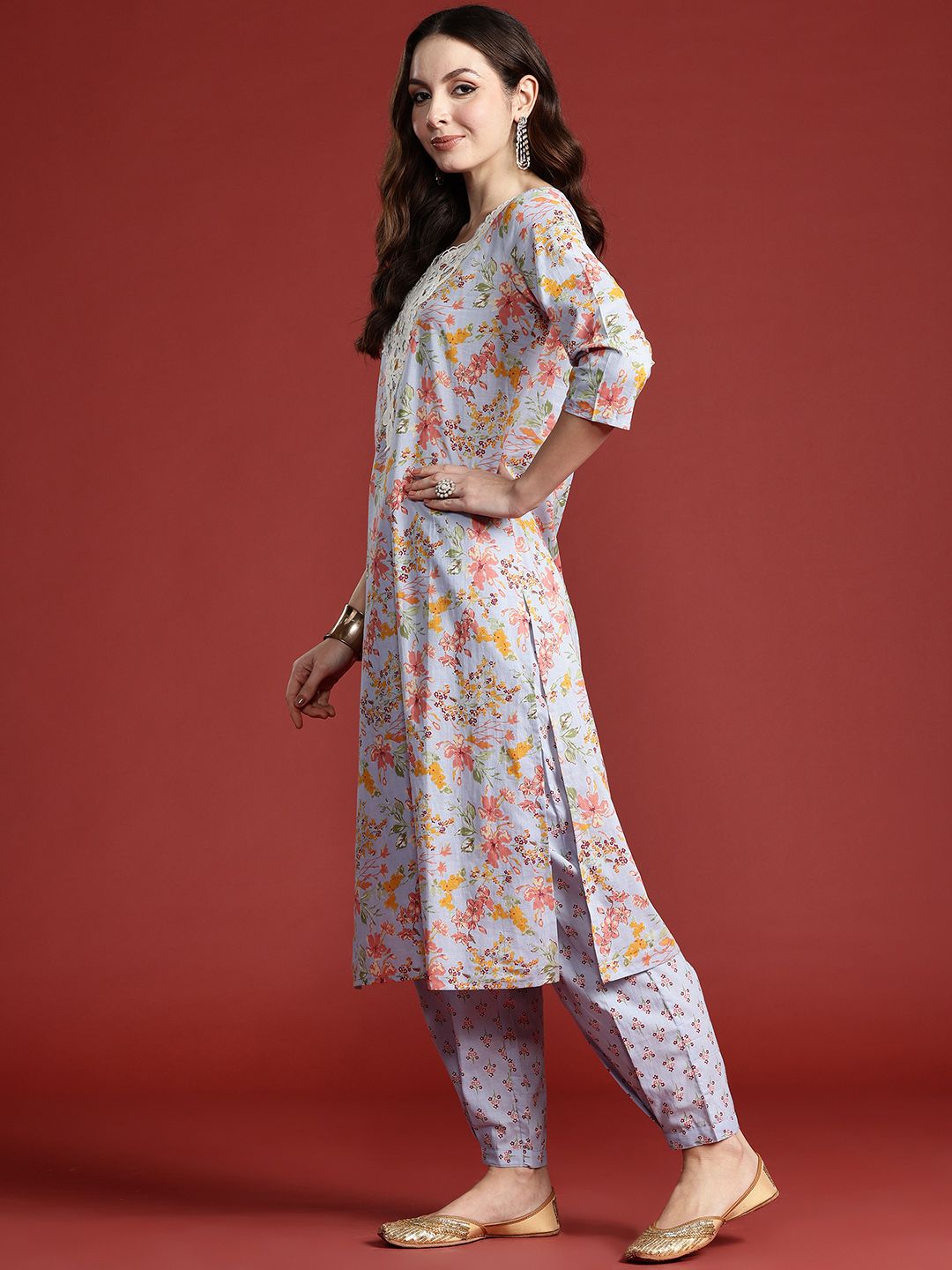 Floral Printed Pure Cotton Kurta with Salwar & With Dupatta