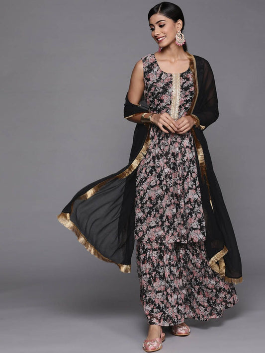 Dhiyona VA Women'sFloral Printed Pleated Gotta Patti Kurta with Sharara & Dupatta