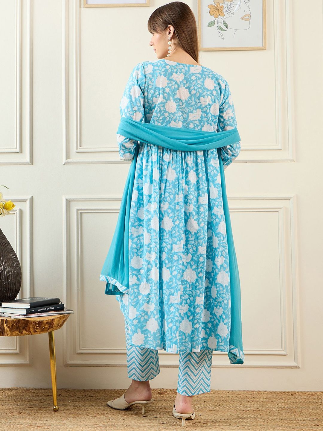 Women Floral Printed Empire Mirror Work Pure Cotton Kurta with Trousers & With Dupatta