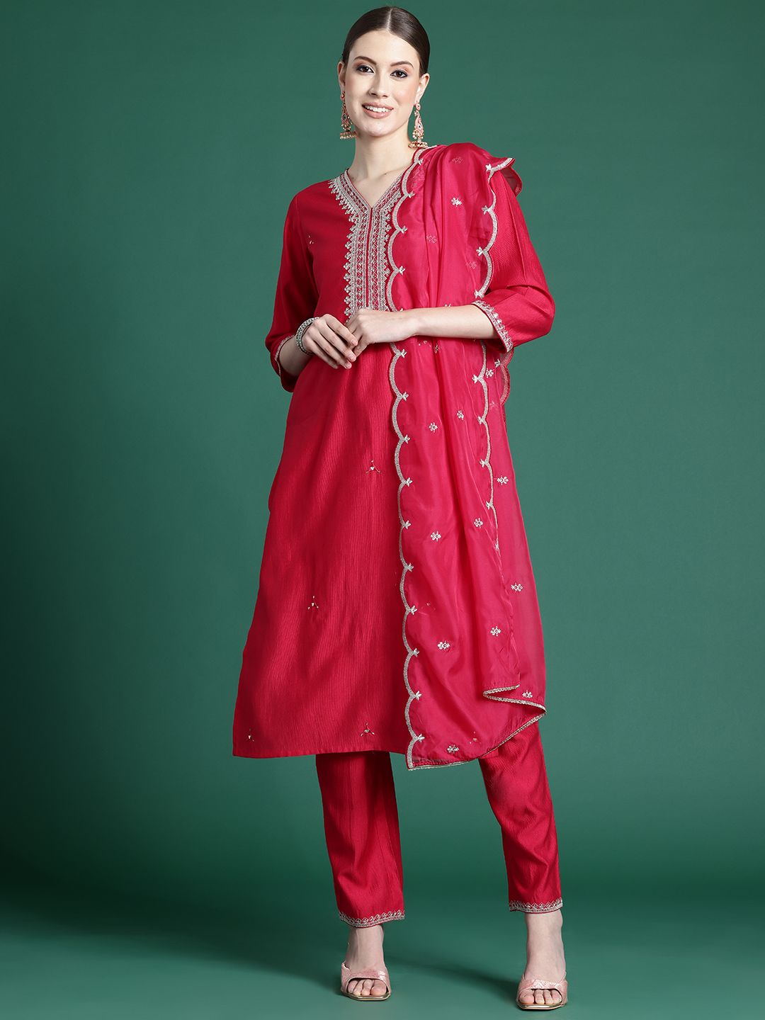 Ethnic Motifs Yoke Design Zari Liva Kurta With Trousers & Dupatta