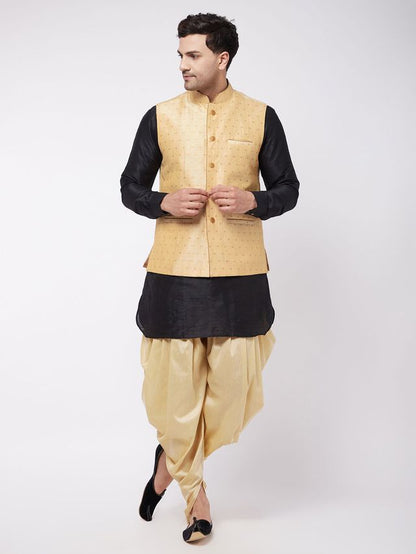 Men's Black Silk Blend Straight Jacket  Kurta and Dhoti Set