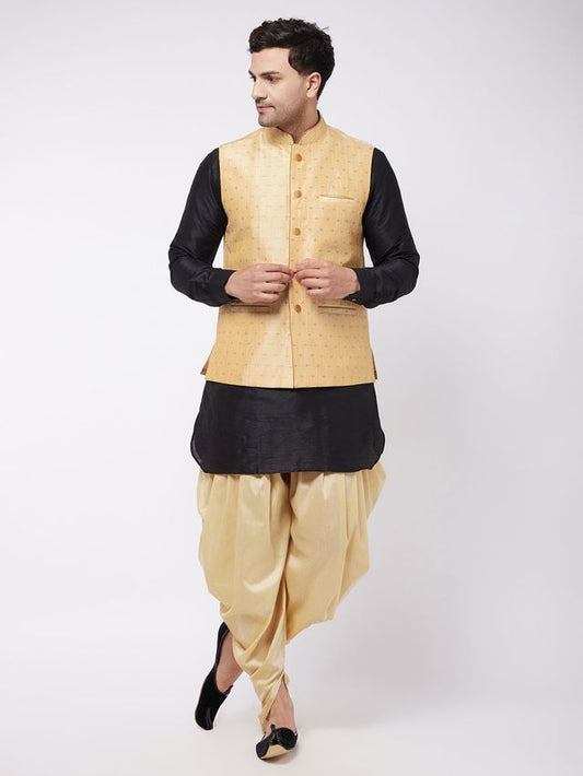 Men's Black Silk Blend Straight Jacket  Kurta and Dhoti Set