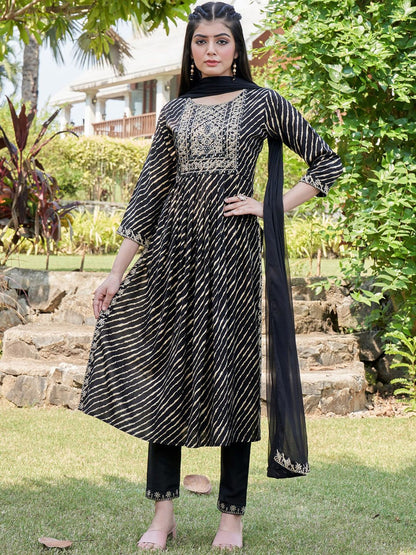 Dhiyona IE Black Leheriya Printed Mirror Work A-Line Kurta & Trousers & With Dupatta