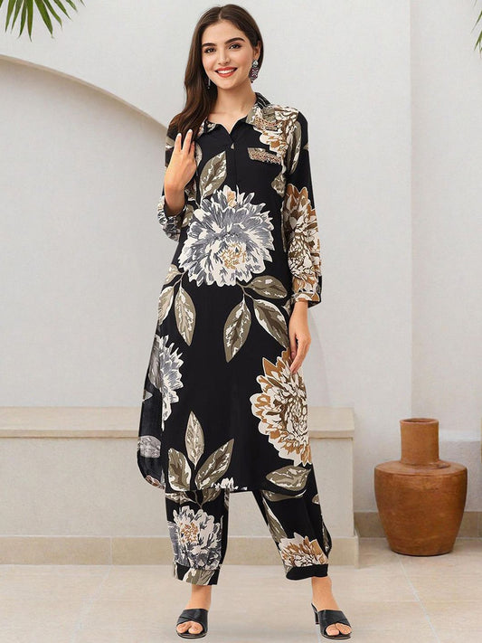 Dhiyona IS Women's Floral Printed Shirt Collar Straight Kurta With Salwar
