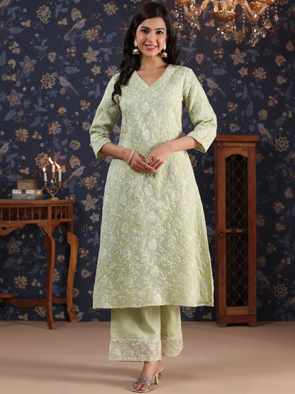 Dhiyona PD Women Ethnic Floral Embroidered Sequined A-Line Kurta With Palazzos