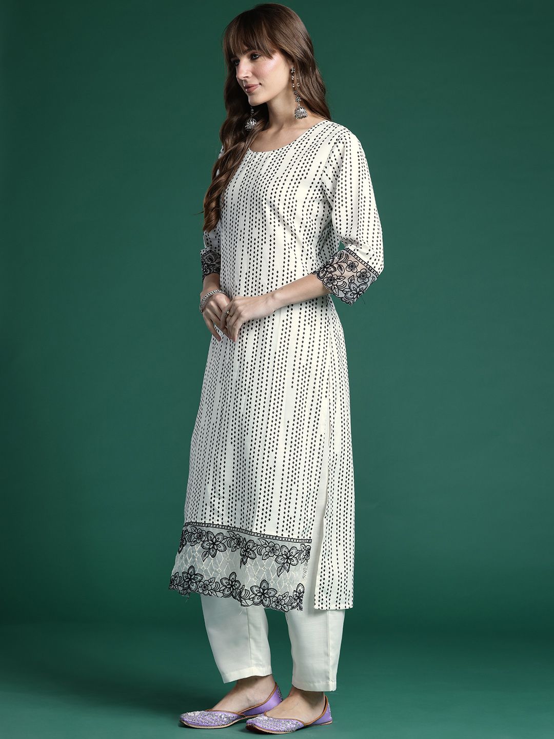 Embroidered Regular Thread Work Kurta with Trousers & Dupatta