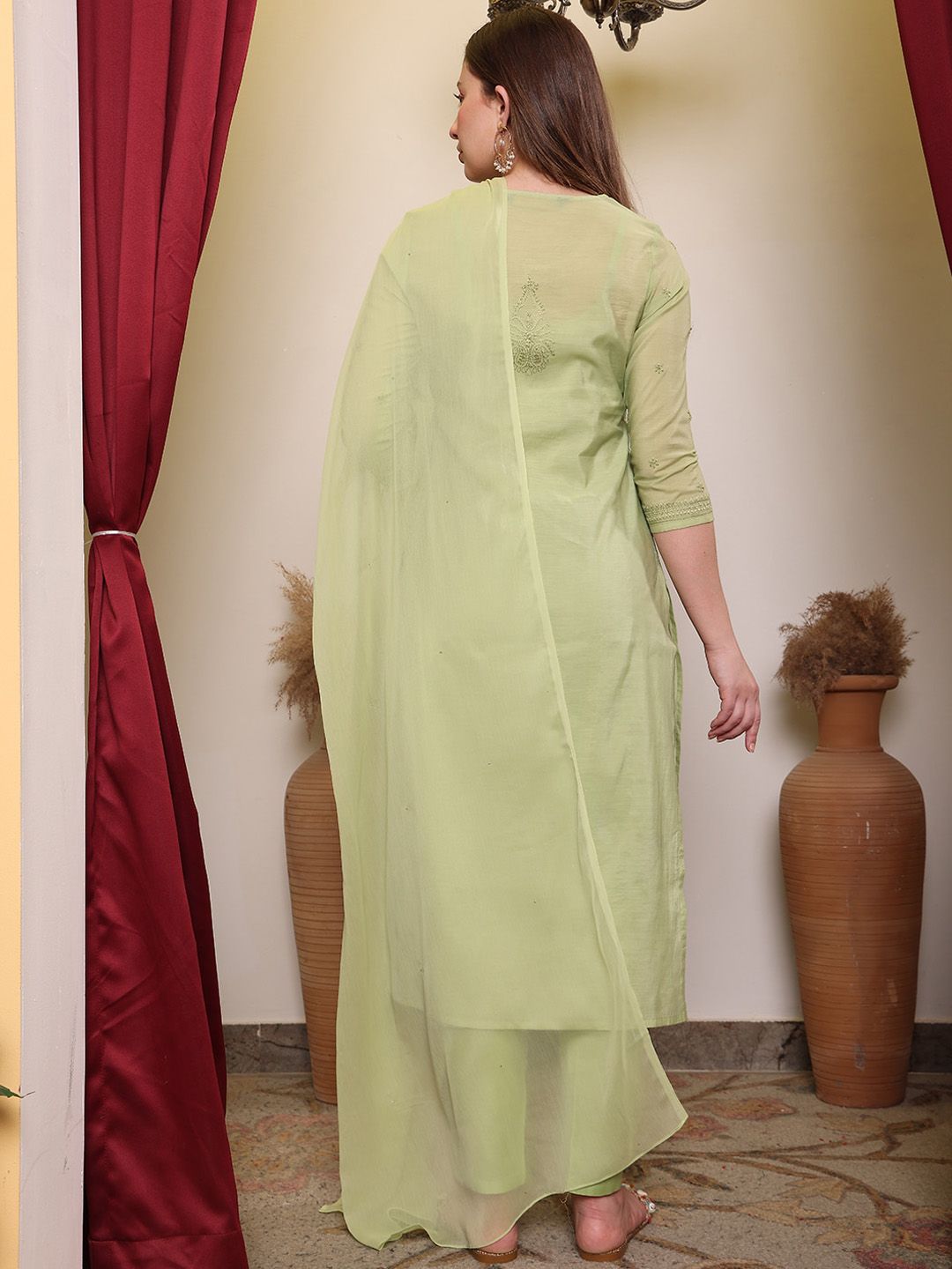 Dhiyona PD Women Chikankari Embroidered Straight Kurta With Trouser & Dupatta Set