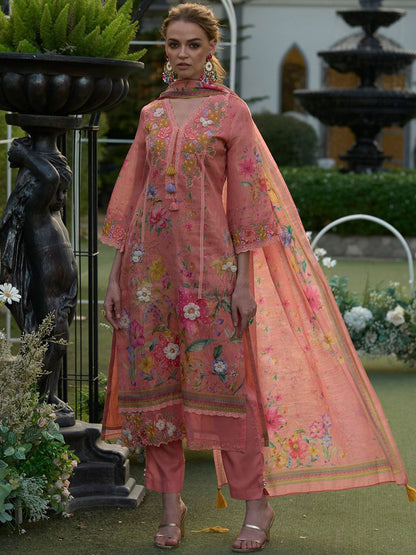 Women Floral Embroidered Linen Kurta with Trousers & Dupatta