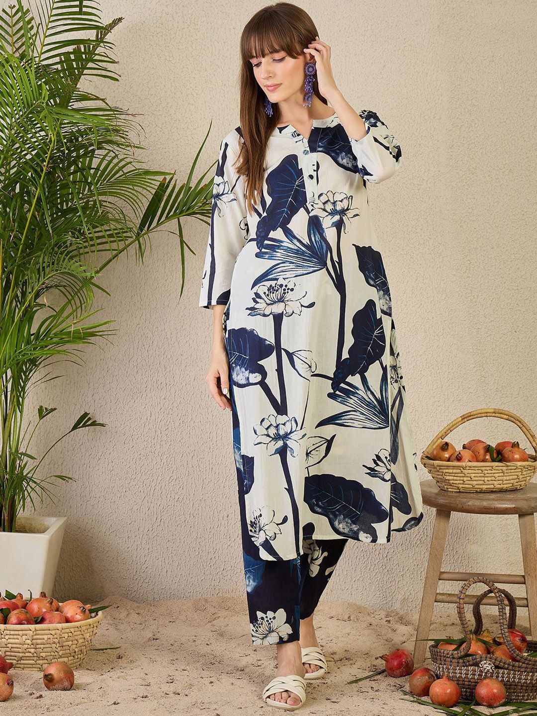 Dhiyona IE Women's Floral Printed Pure Cotton Kurta with Trousers