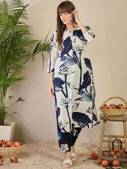 Dhiyona IE Women's Floral Printed Pure Cotton Kurta with Trousers