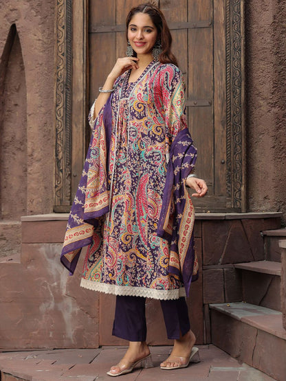 Dhiyona RR Women's Paisley Printed Thread Work Pure Cotton Kurta with Trousers & Dupatta