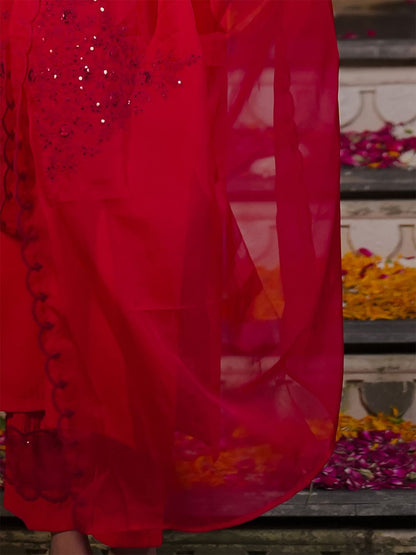 Women Embroidered Regular Sequined Kurta with Trousers & With Dupatta