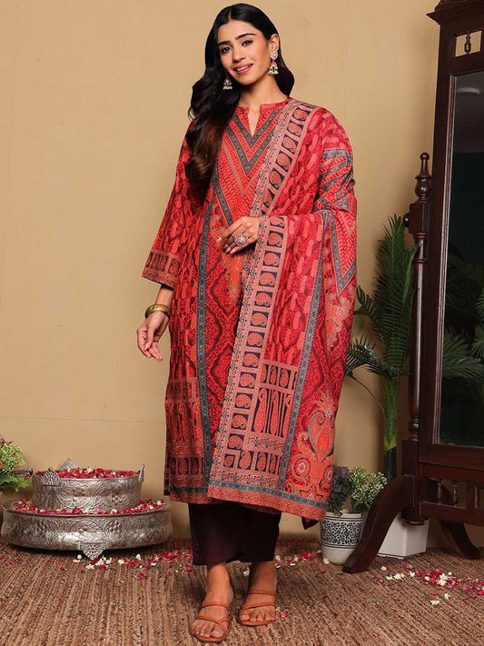 Dhiyona VA Women'sRust Paisley Printed Mandarin Collar Straight Kurta With Trousers & Dupatta