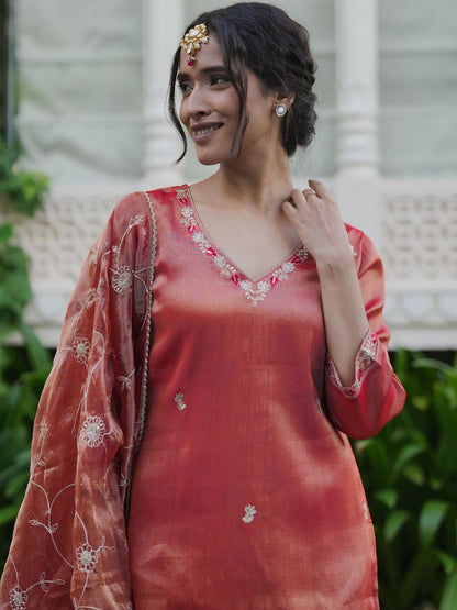 Women Floral Embroidered Regular Liva Kurta with Trousers & With Dupatta