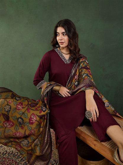 Dhiyona SN Women's Embroidered Straight Kurta With Trouser & Dupatta Set