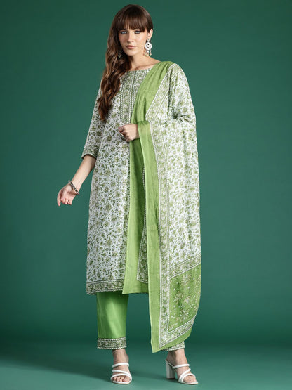 Dhiyona IE Women Floral Printed Pure Cotton Kurta with Trousers & With Dupatta