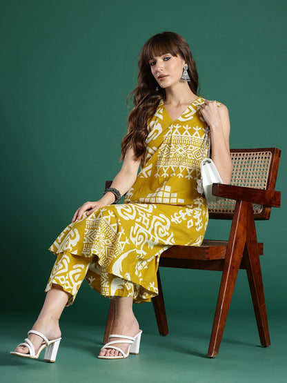 Tribal Printed Pure Cotton Fusion Kurta with Trousers