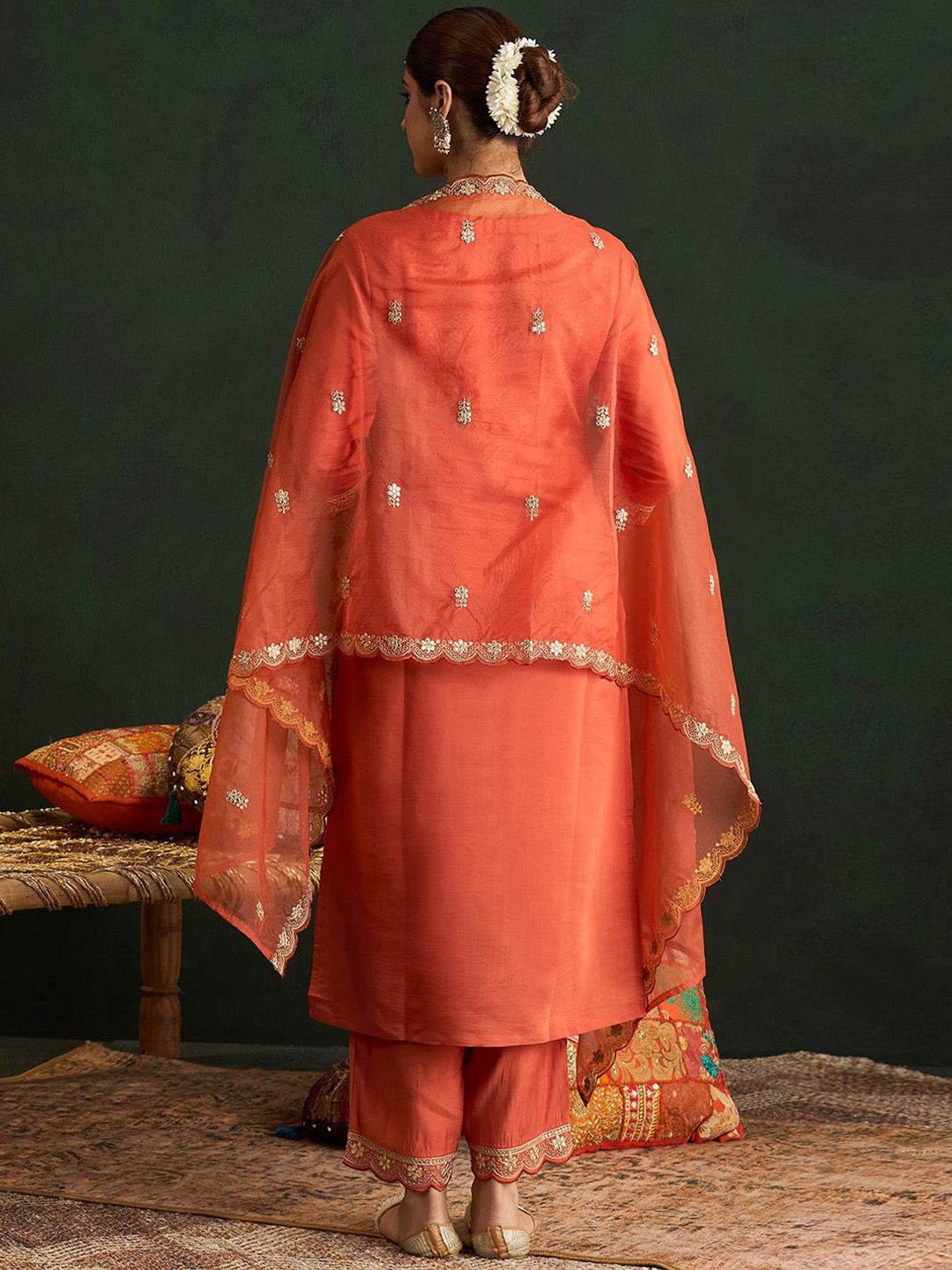 Dhiyona IE Ethnic Motifs Embroidered Gotta Patti Straight Kurta With Trousers & Dupatta