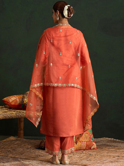 Dhiyona IE Ethnic Motifs Embroidered Gotta Patti Straight Kurta With Trousers & Dupatta