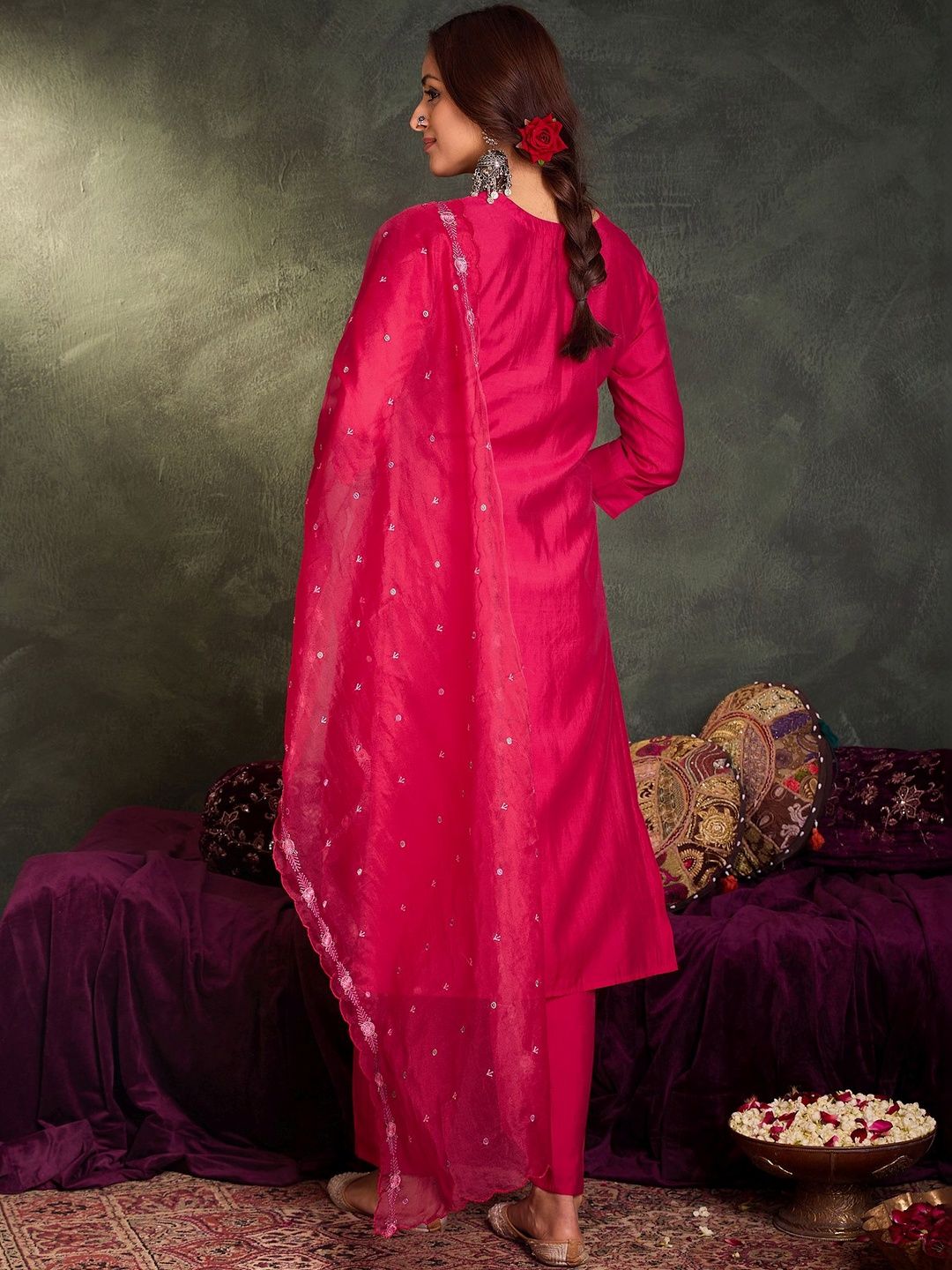 Women Ethnic Motifs Embroidered Regular Thread Work Kurta with Trousers & With Dupatta