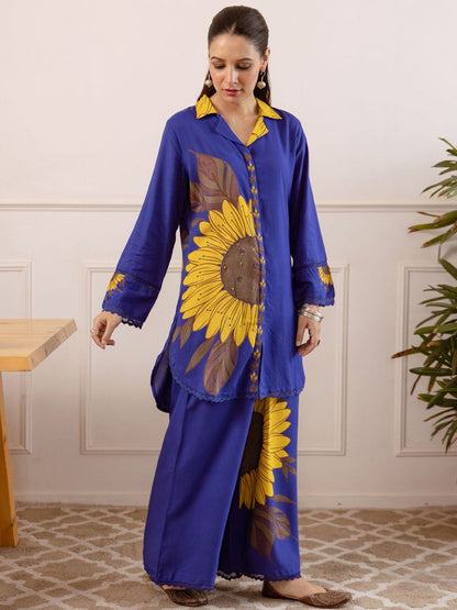 Dhiyona IE Printed Mandarin Collar Long Sleeves Shirt & Palazzo