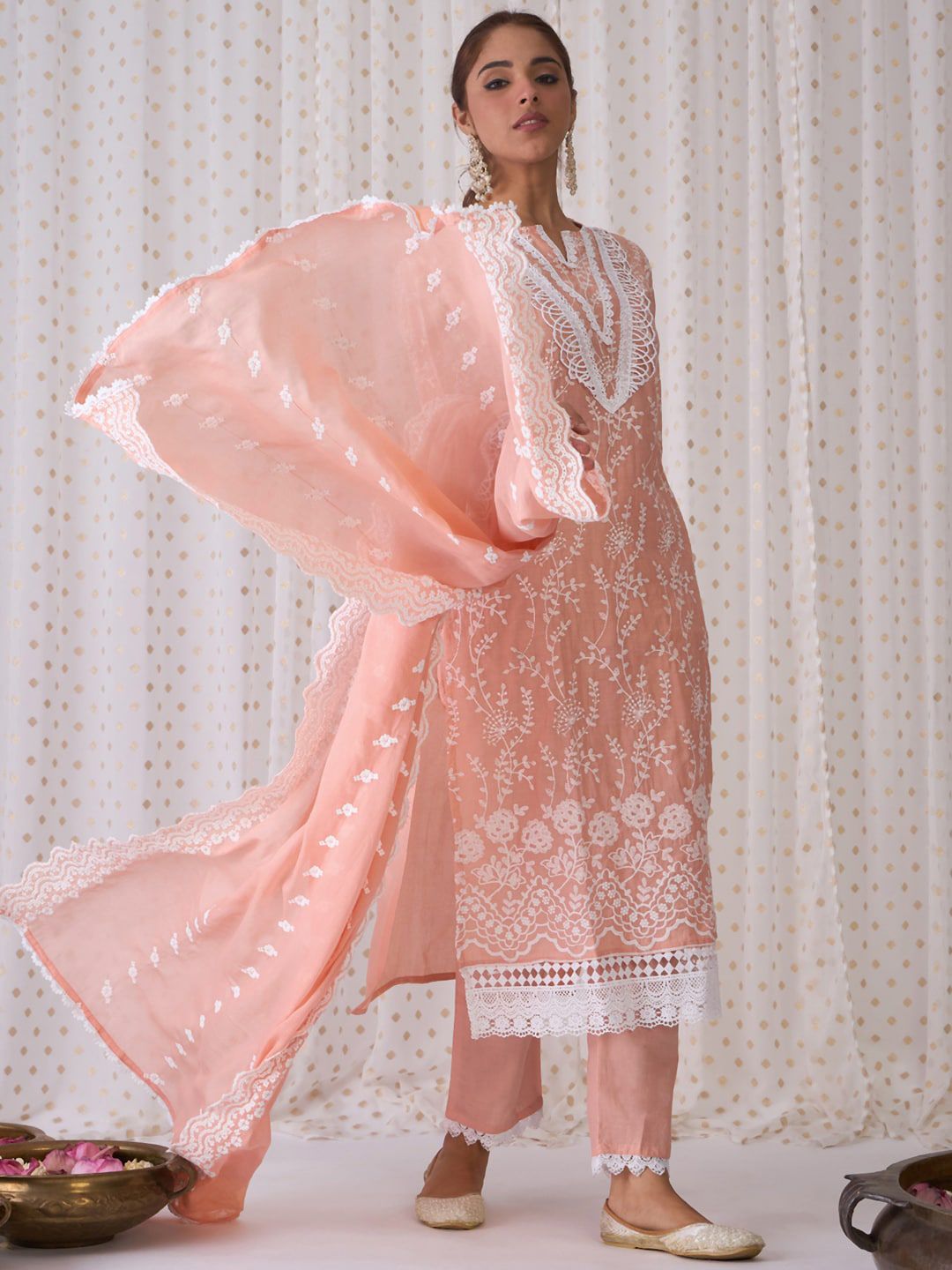 Floral Embroidered Notched Neck Cotton Straight Kurta with Trousers & Dupatta