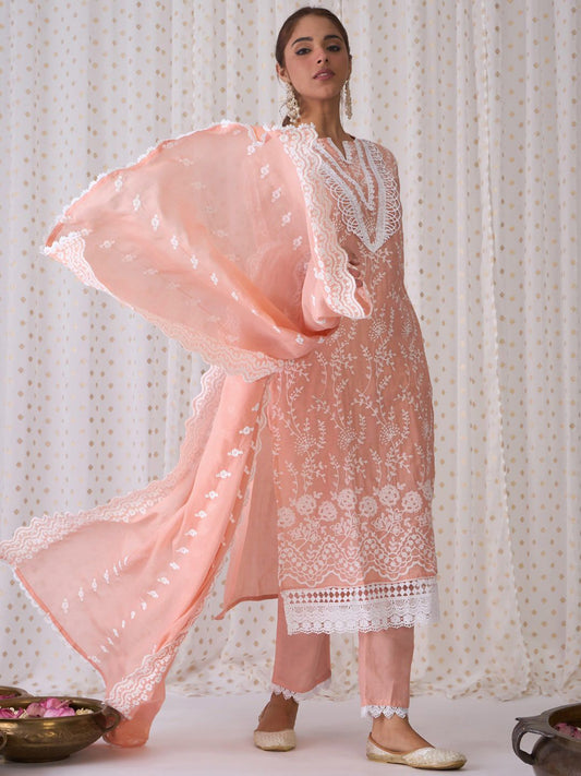 Floral Embroidered Notched Neck Cotton Straight Kurta with Trousers & Dupatta