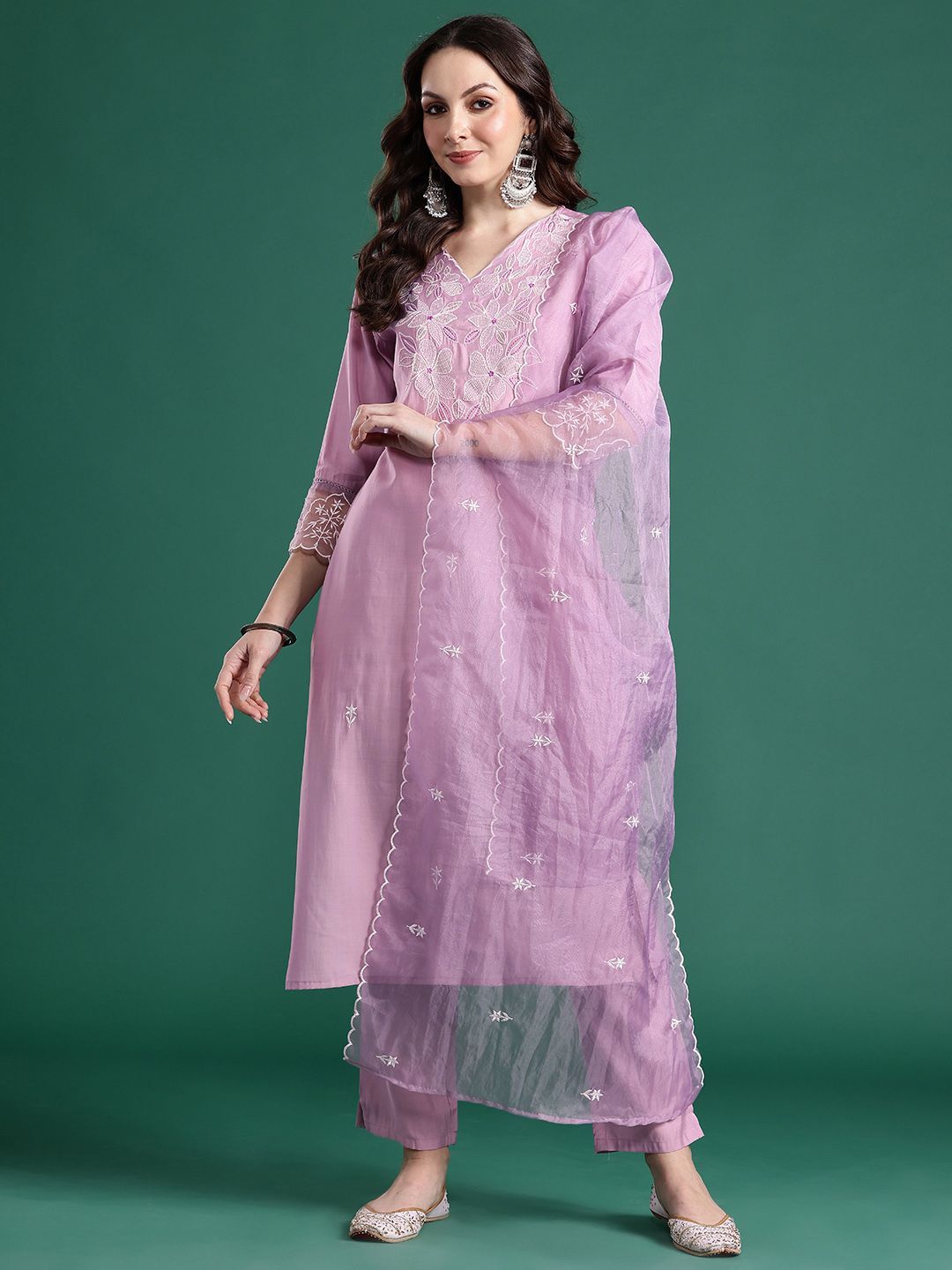 Floral Embroidered Kurta with Trousers & Dupatta